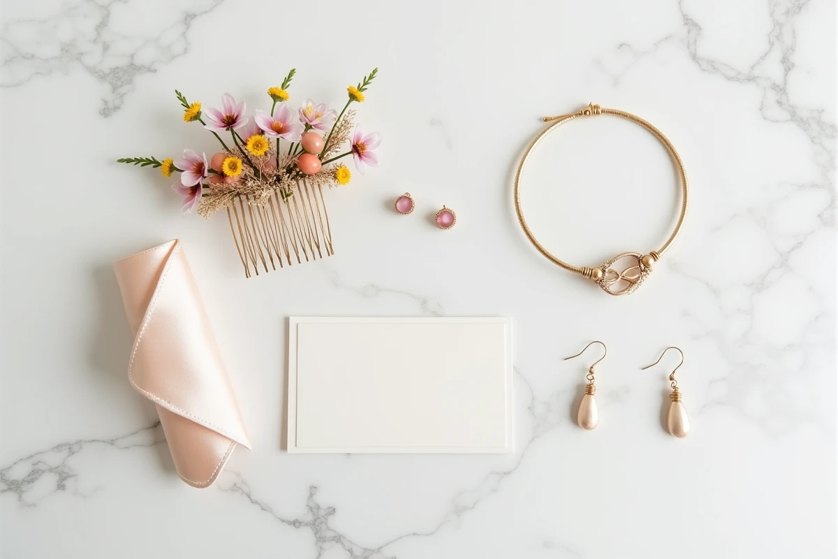 Flat lay d'accessoires de mariage civil sur marbre blanc : peigne fleuri, bijoux dorés et pochette en soie