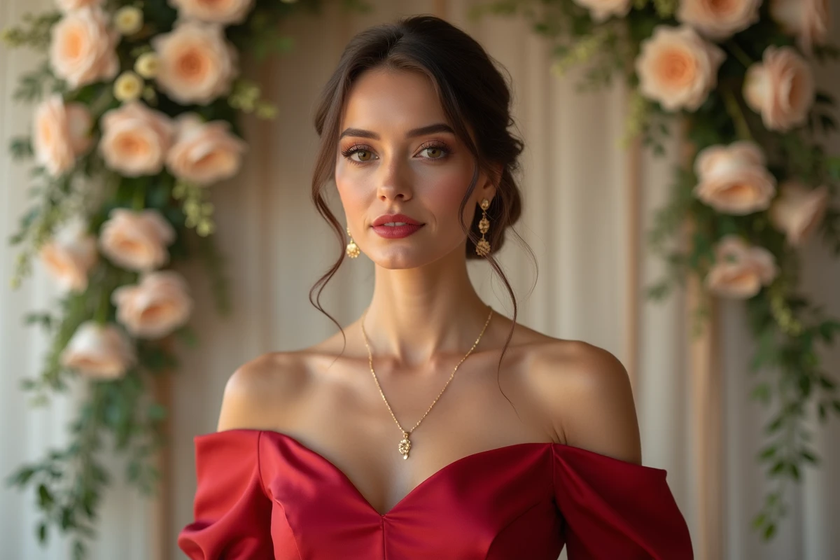 Femme en robe rouge satin pour mariage avec bijoux dorés, chignon élégant et maquillage rouge à lèvres classique