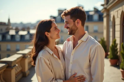 Couple souriant sur une terrasse urbaine parisienne, illustrant la vie de couple d'Alicia Dauby et son mari