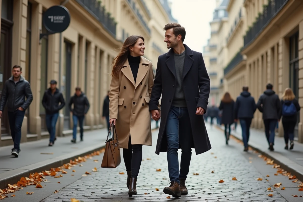 Couple élégant marchant sur un boulevard parisien en automne, évoquant la vie privée d'Alicia Dauby et son mari