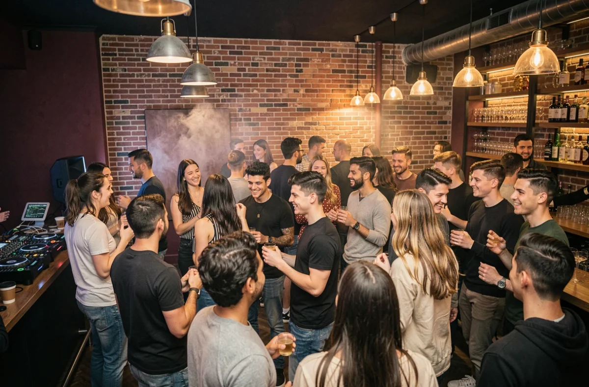 Ambiance festive dans un bar branché de Lyon avec DJ en arrière-plan et foule animée