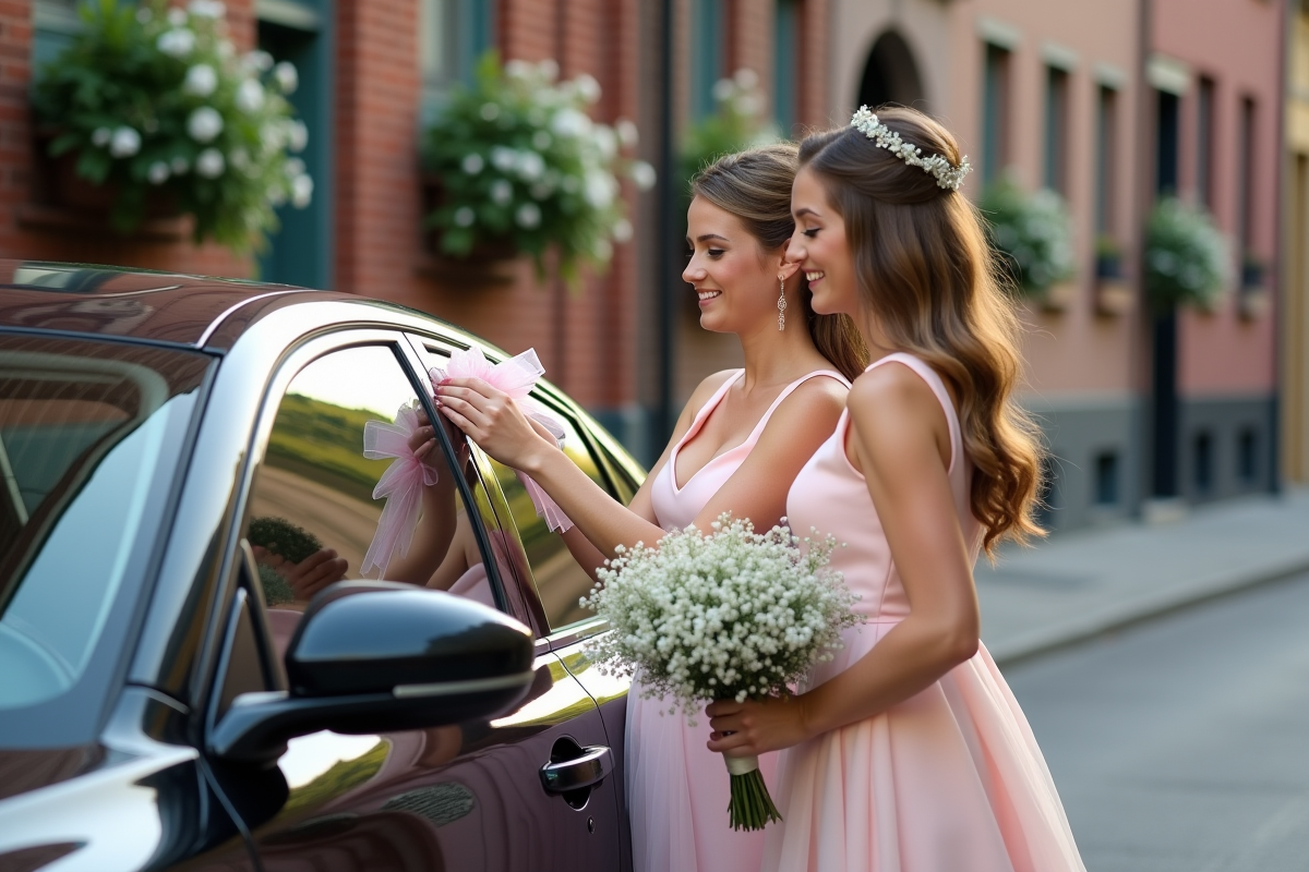 Deux amies décorant une voiture noire avec des rubans et fleurs