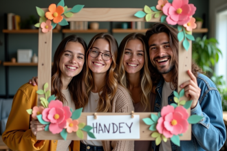 Groupe d'amis souriants derrière un photobooth fait main dans un salon chaleureux