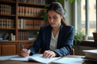 Anne-Charlène Bezzina dans son bureau personnel entourée de livres de droit, illustrant son engagement citoyen et juridique