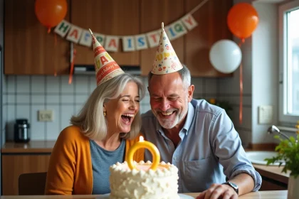 Couple joyeux avec chapeaux fête soufflant gâteau anniversaire