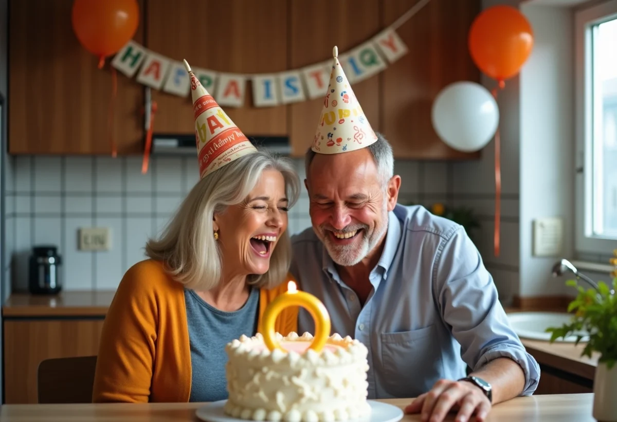 Couple joyeux avec chapeaux fête soufflant gâteau anniversaire