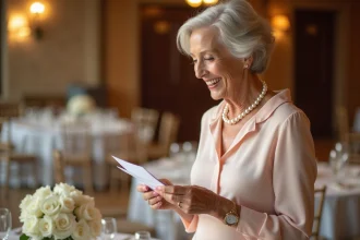 Femme âgée élégante lisant lors d'une fête d'anniversaire