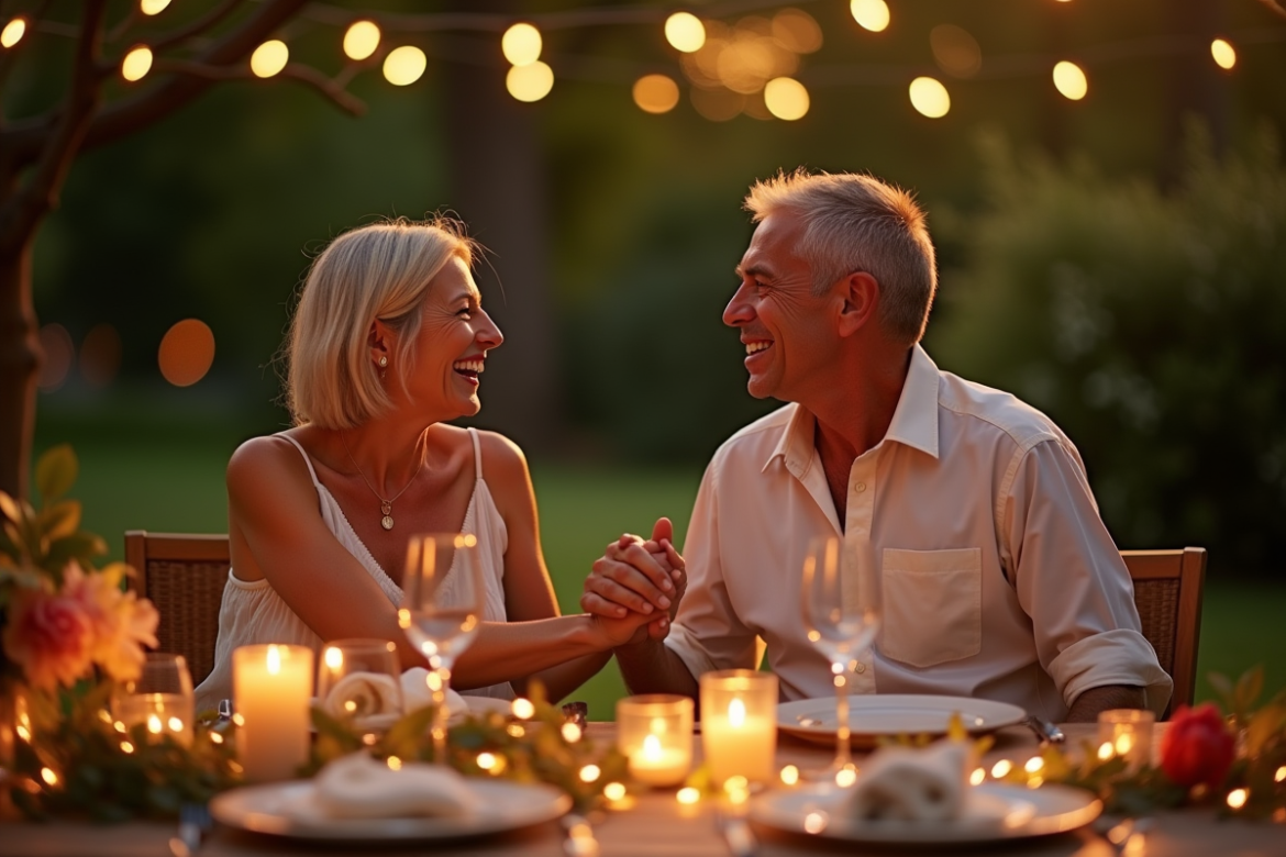 Couple souriant lors d un dîner extérieur pour leur 16e anniversaire