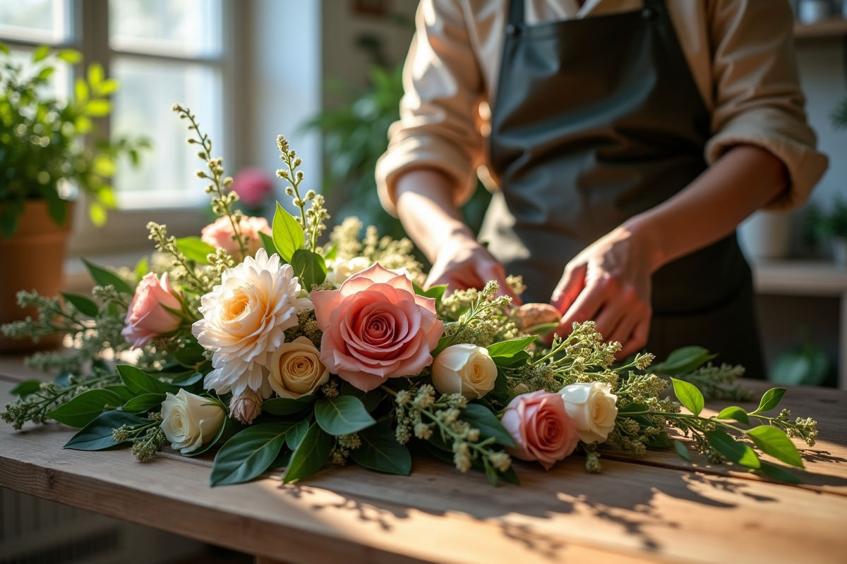 Artisan floral créant une composition florale délicate