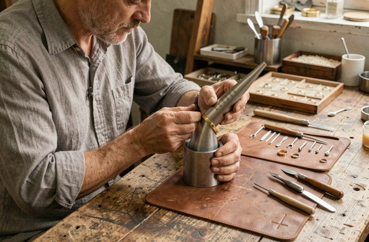 Bijoutier artisan utilisant un mandrin de bague pour mesurer la taille d'une alliance en or