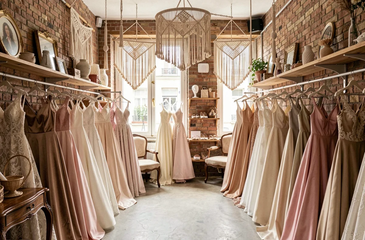Intérieur original et éclectique de la boutique de mariage Aux Corps Anonymes dans le Nord avec des robes non conventionnelles