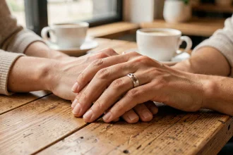 Deux mains enlacées portant des bagues duo couple en or blanc brossé sur une table en bois, symbole de fiançailles modernes