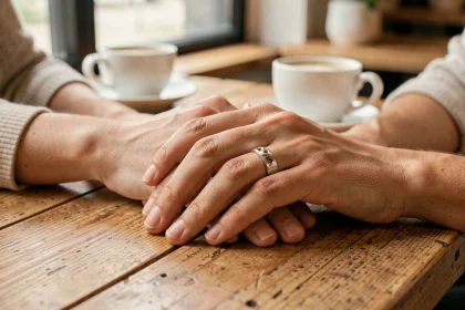 Deux mains enlacées portant des bagues duo couple en or blanc brossé sur une table en bois, symbole de fiançailles modernes