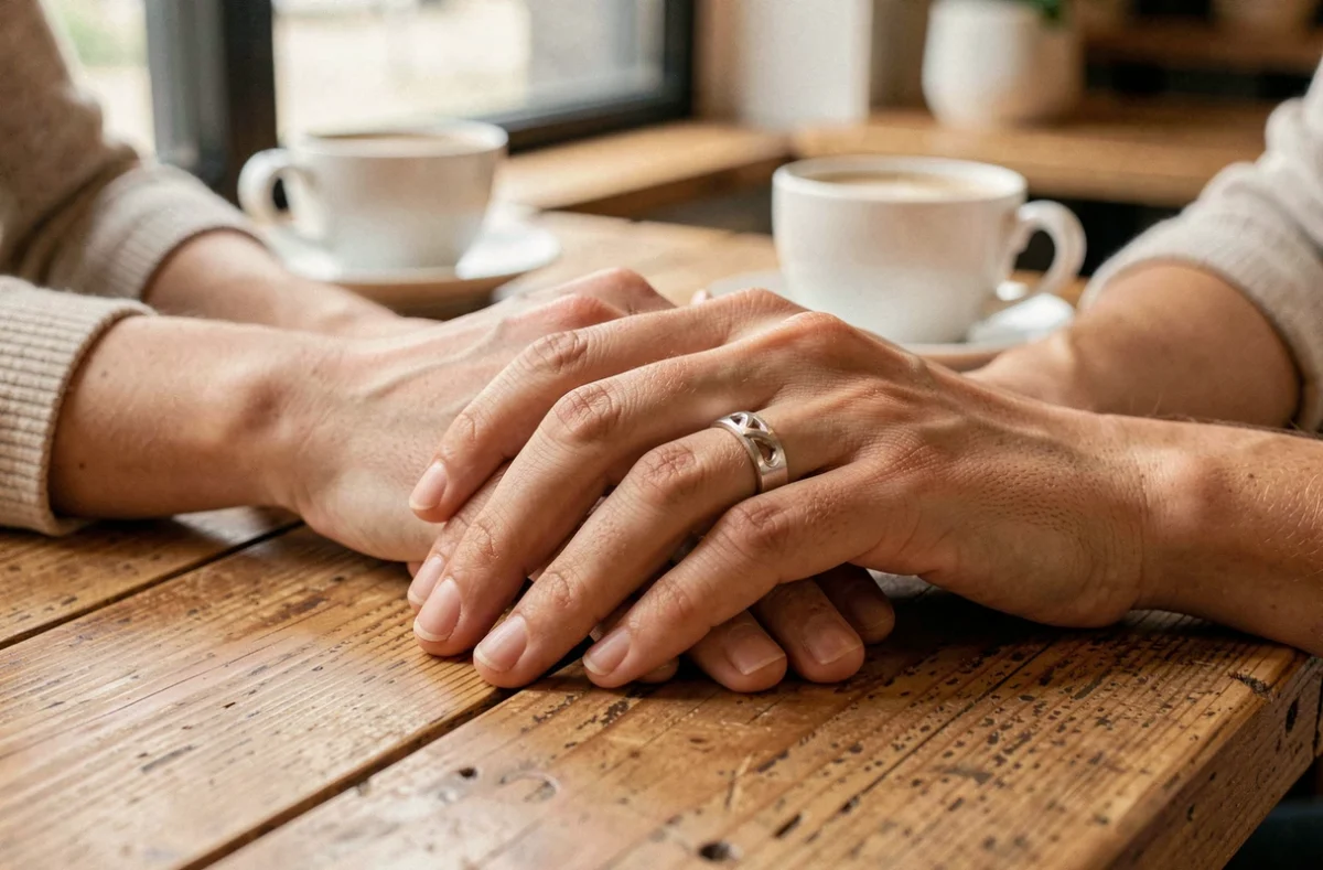 Deux mains enlacées portant des bagues duo couple en or blanc brossé sur une table en bois, symbole de fiançailles modernes
