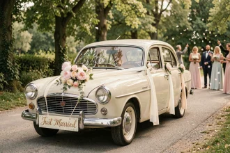 Balai de voiture de mariage décoré de rubans et de fleurs fraîches sur une route de campagne française avec des invités en tenue élégante