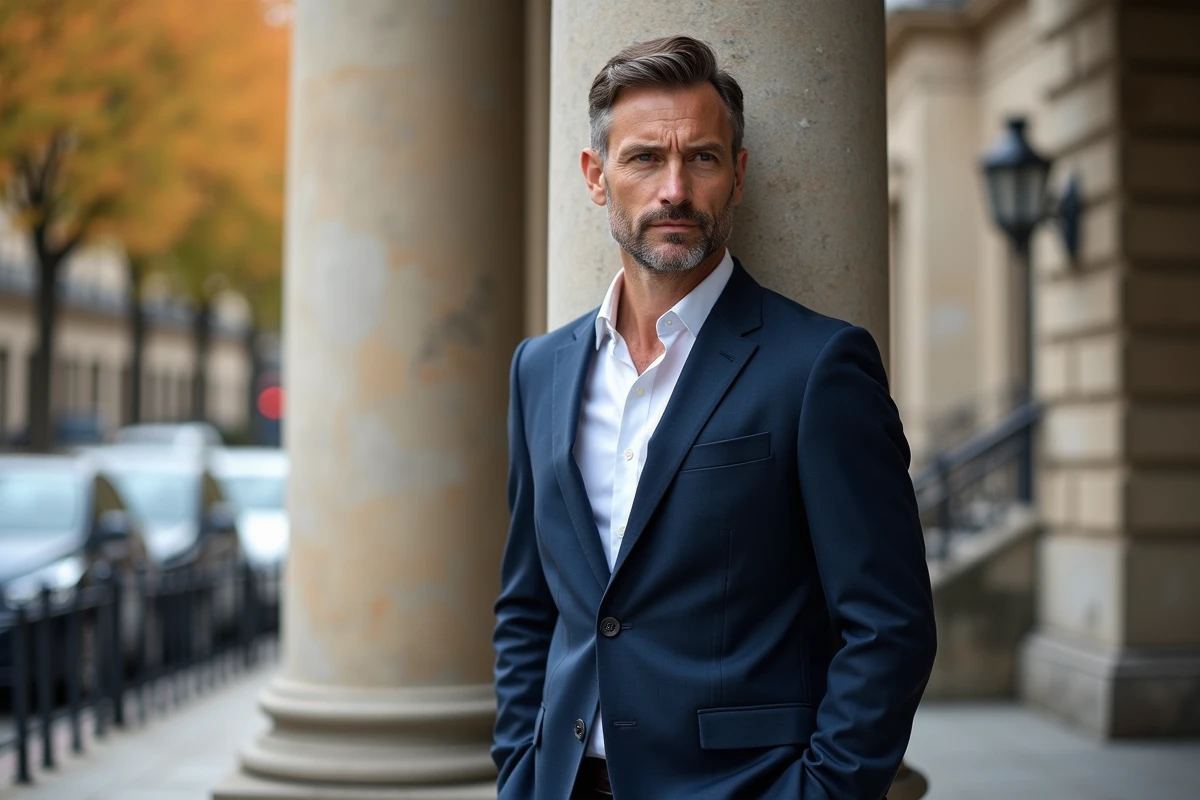 François-Xavier Bellamy en costume marine devant une institution européenne, regard discret et posture réservée