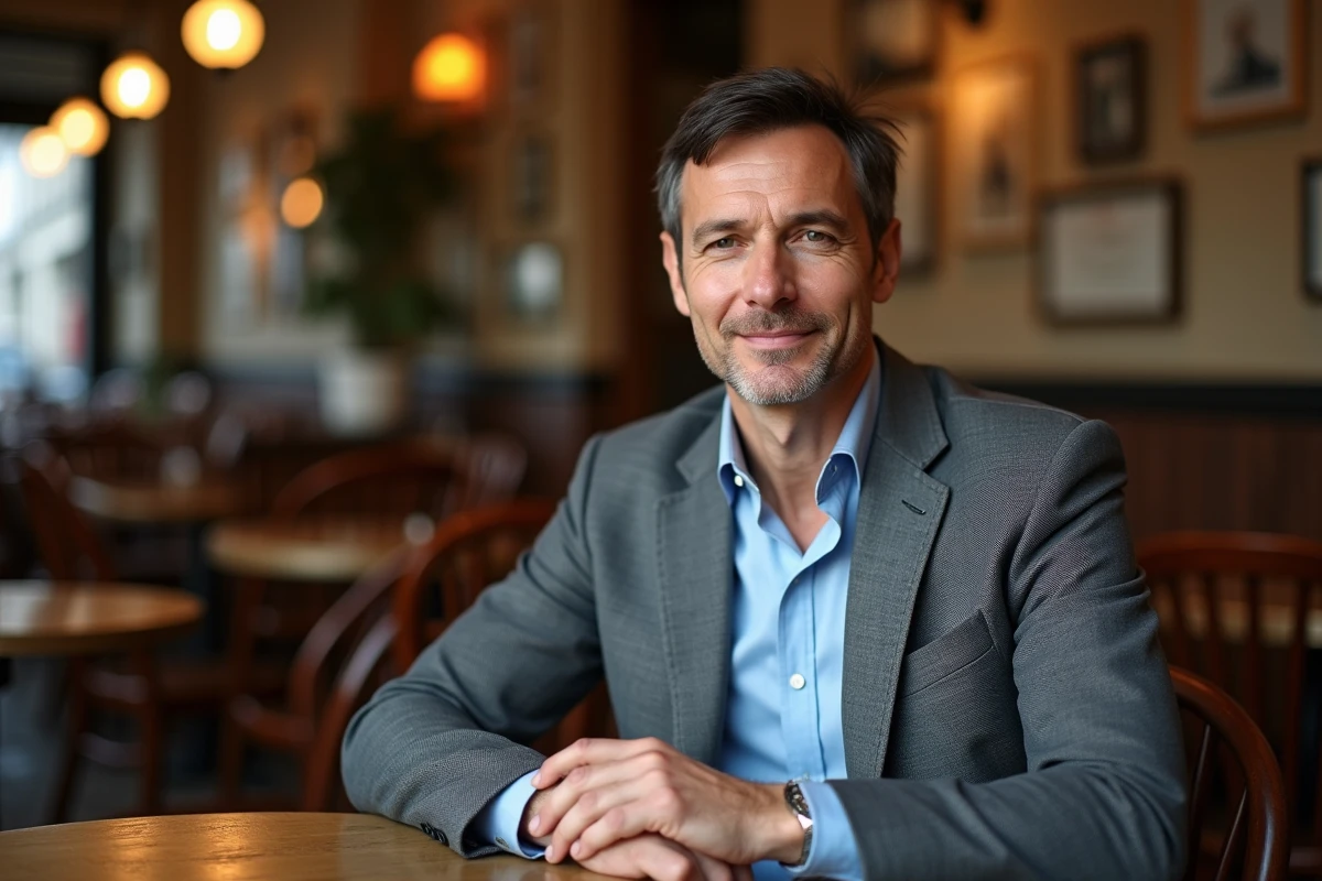 Homme politique en tenue décontractée dans un café parisien, image illustrant un article sur la vie sentimentale et le statut marital de Benjamin Haddad