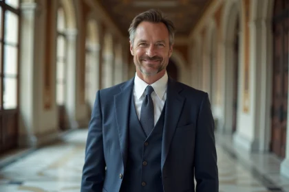 Portrait d'un homme politique français en costume marine dans un couloir institutionnel, illustrant un article sur la vie privée de Benjamin Haddad