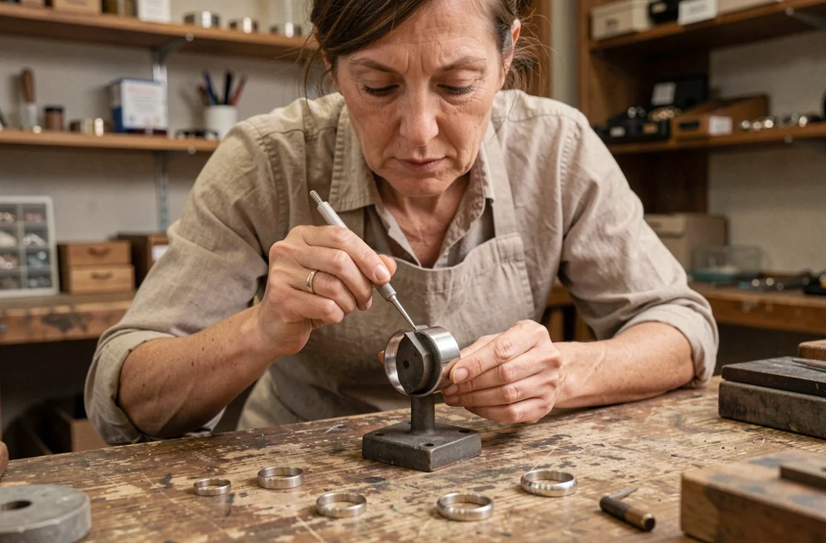 Bijoutière mesurant la largeur d'une bague avec un pied à coulisse dans un atelier de joaillerie