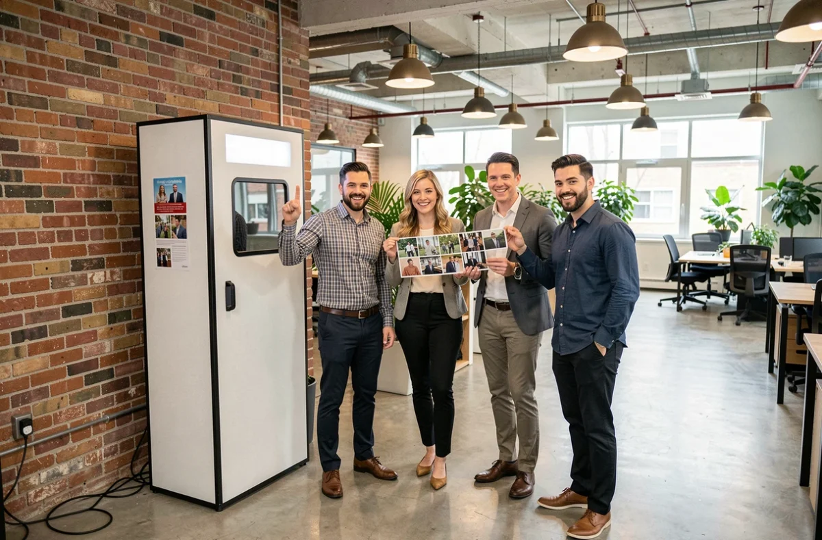 Groupe de collègues utilisant une borne photobooth lors d'un événement d'entreprise dans un bureau moderne avec des strips photo imprimés