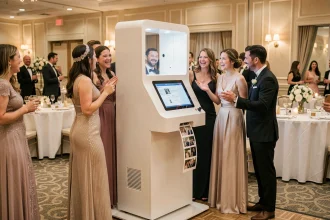 Borne photobooth KRUU installée lors d'une réception de mariage avec des invités qui posent et rient devant l'appareil