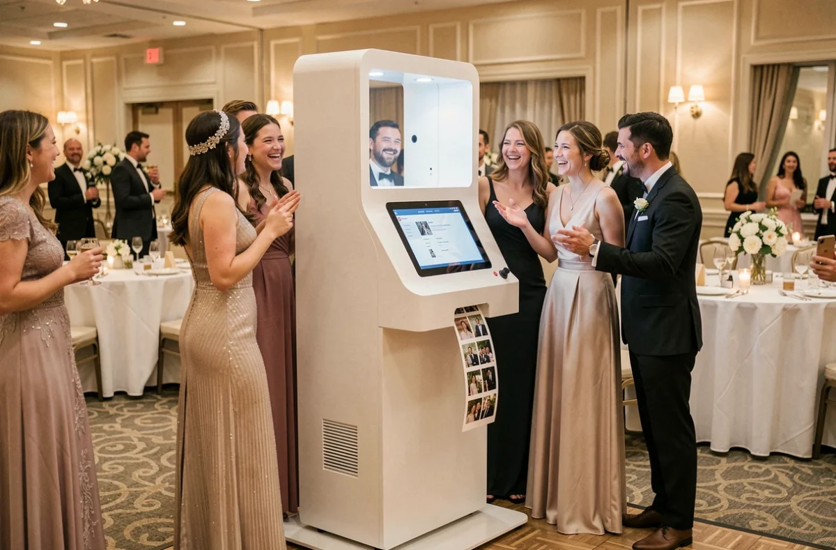 Borne photobooth KRUU installée lors d'une réception de mariage avec des invités qui posent et rient devant l'appareil