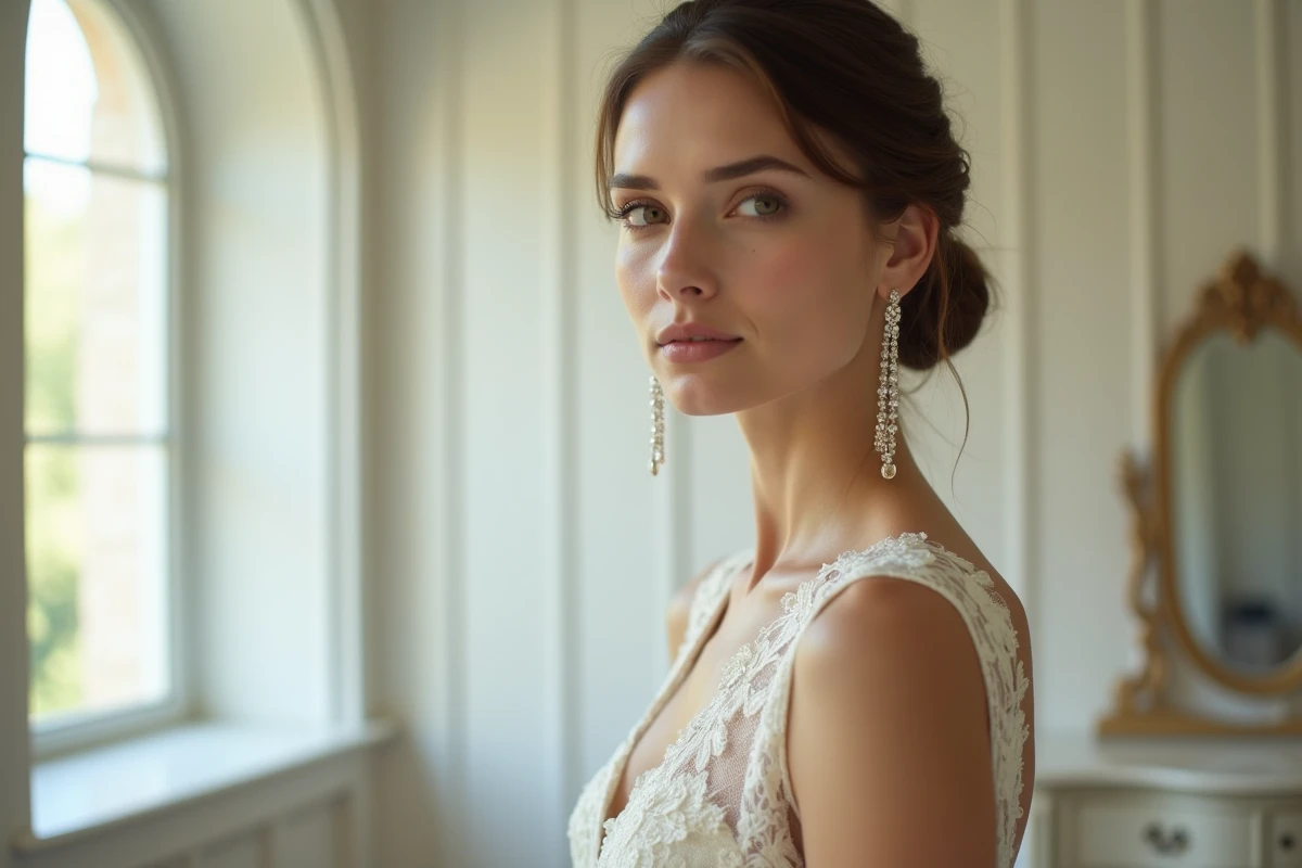 Mariée portant une robe dentelle ivoire avec des boucles d'oreilles pendantes en cristal lors d'une séance dans un salon nuptial élégant