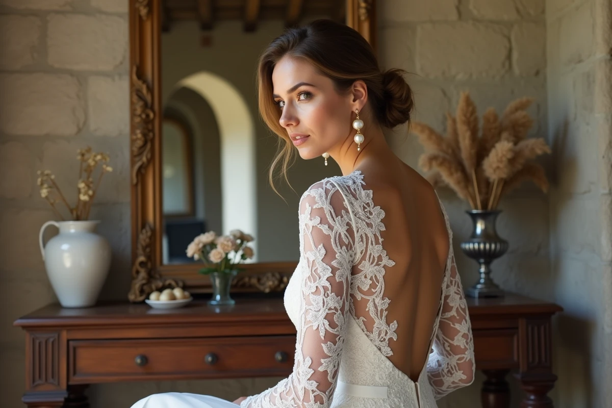 Femme en robe de mariée dentelle manches longues avec boucles d'oreilles pendantes perles et or devant une coiffeuse dans un château