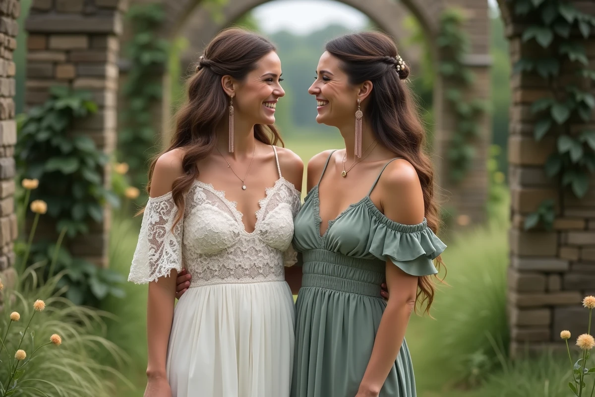 Mariée en robe dentelle bohème épaules dénudées avec boucles d'oreilles pendantes en or rose riant avec sa demoiselle d'honneur dans un jardin fleuri