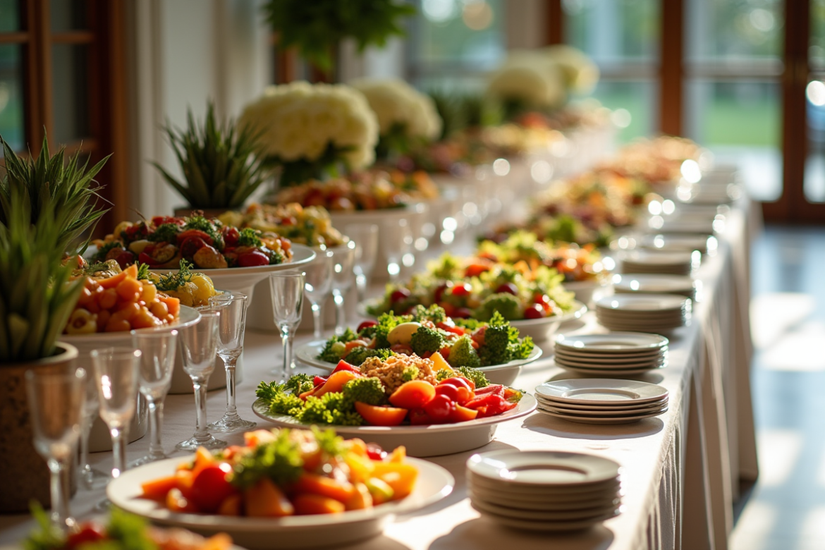 Buffet élégant pour 50 invités dans une salle lumineuse
