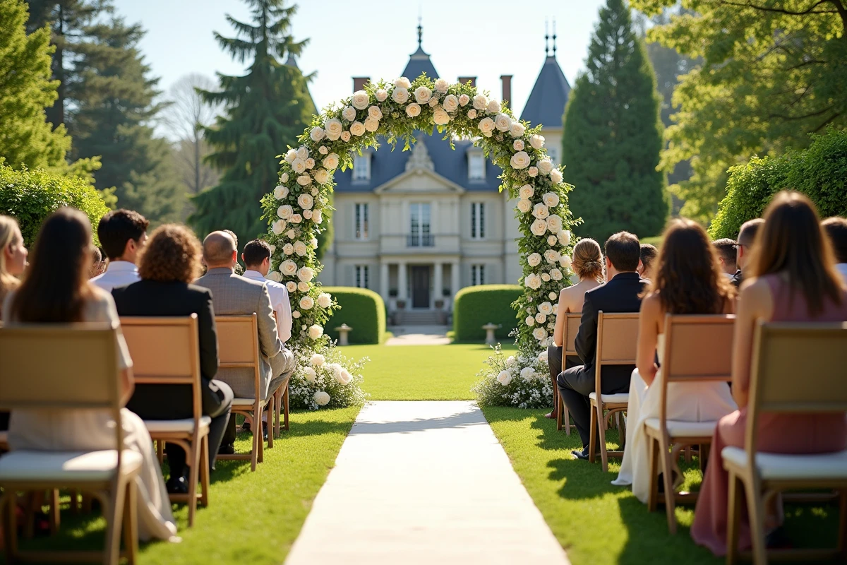 Décoration de cérémonie de mariage en plein air dans un jardin de château français, arche florale blanche et chaises en bois