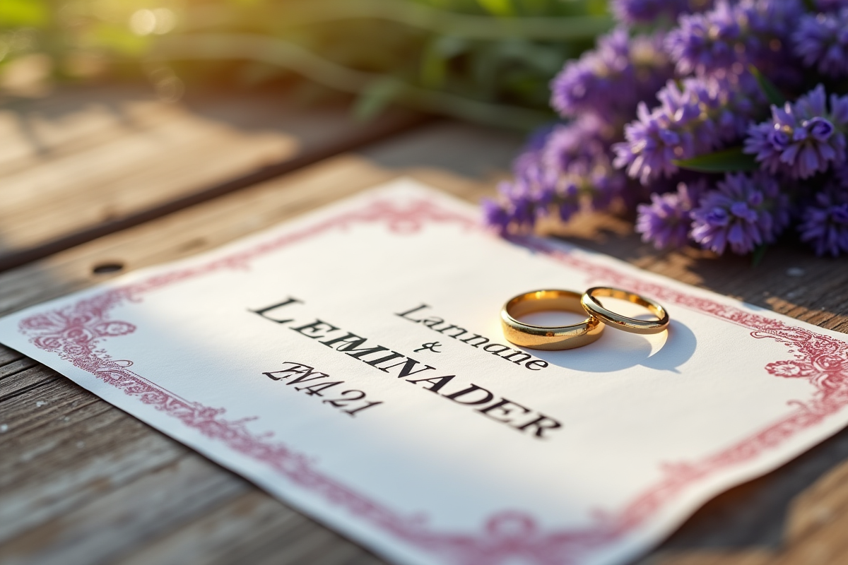 Certificat de mariage et alliances en bois avec lavande