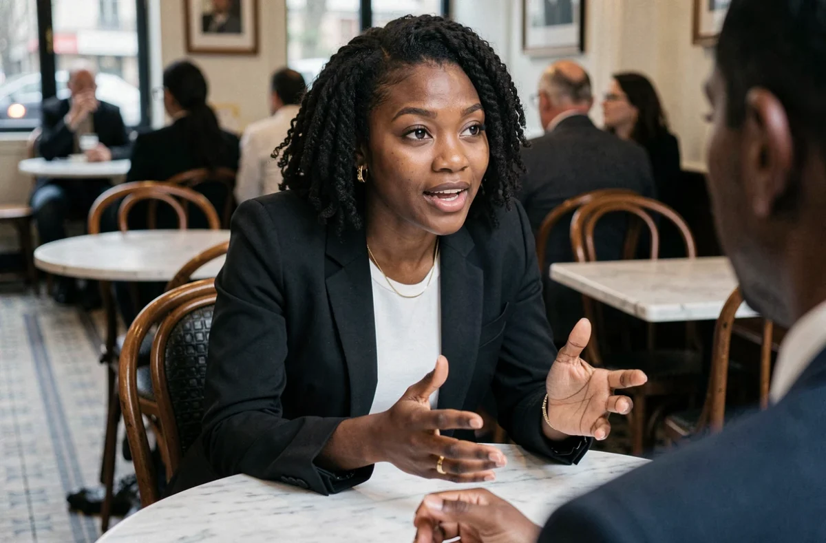 Chanteuse accordant une interview dans un café parisien, abordant les thèmes du couple et de la célébrité dans la musique