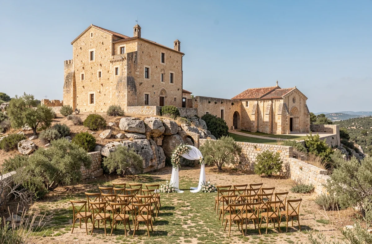 Cérémonie de mariage en plein air au Château Bas d'Aumelas avec arche florale et chaises en bois sur l'herbe