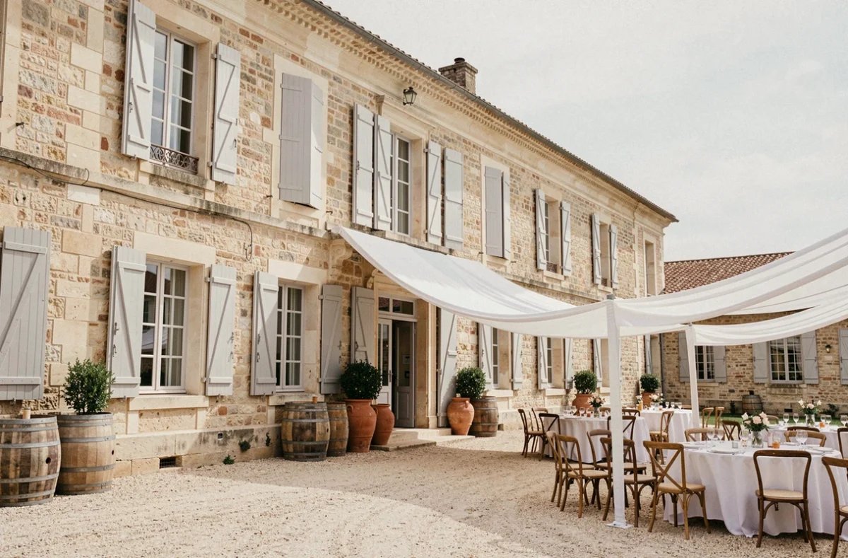Cour intérieure du Château de Pouget décorée pour un cocktail de mariage avec tonnelles et tables rondes