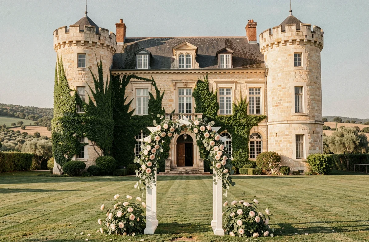 Façade du Château Hermitage de Combas avec décoration de mariage en fleurs blanches sur la pelouse