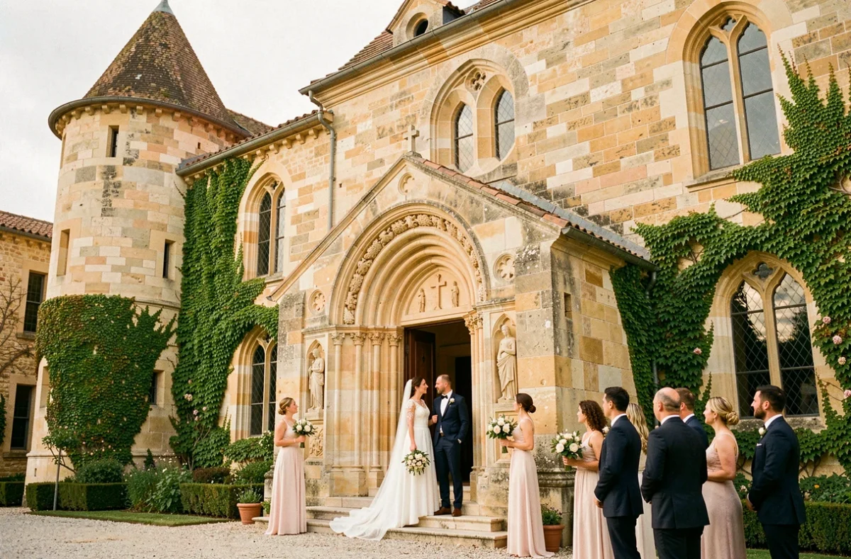 Mariés sur les marches de la chapelle du Château Sainte Cécile entourés de leurs invités dans l'Hérault