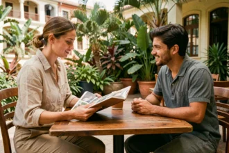 Photographe professionnelle présentant son portfolio à un couple lors d'une consultation dans un café de Saint-Denis, La Réunion