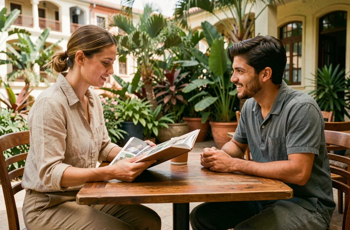 Photographe professionnelle présentant son portfolio à un couple lors d'une consultation dans un café de Saint-Denis, La Réunion