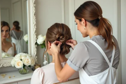 Coiffeuse professionnelle réalisant un chignon élégant sur une demoiselle d'honneur dans une suite nuptiale