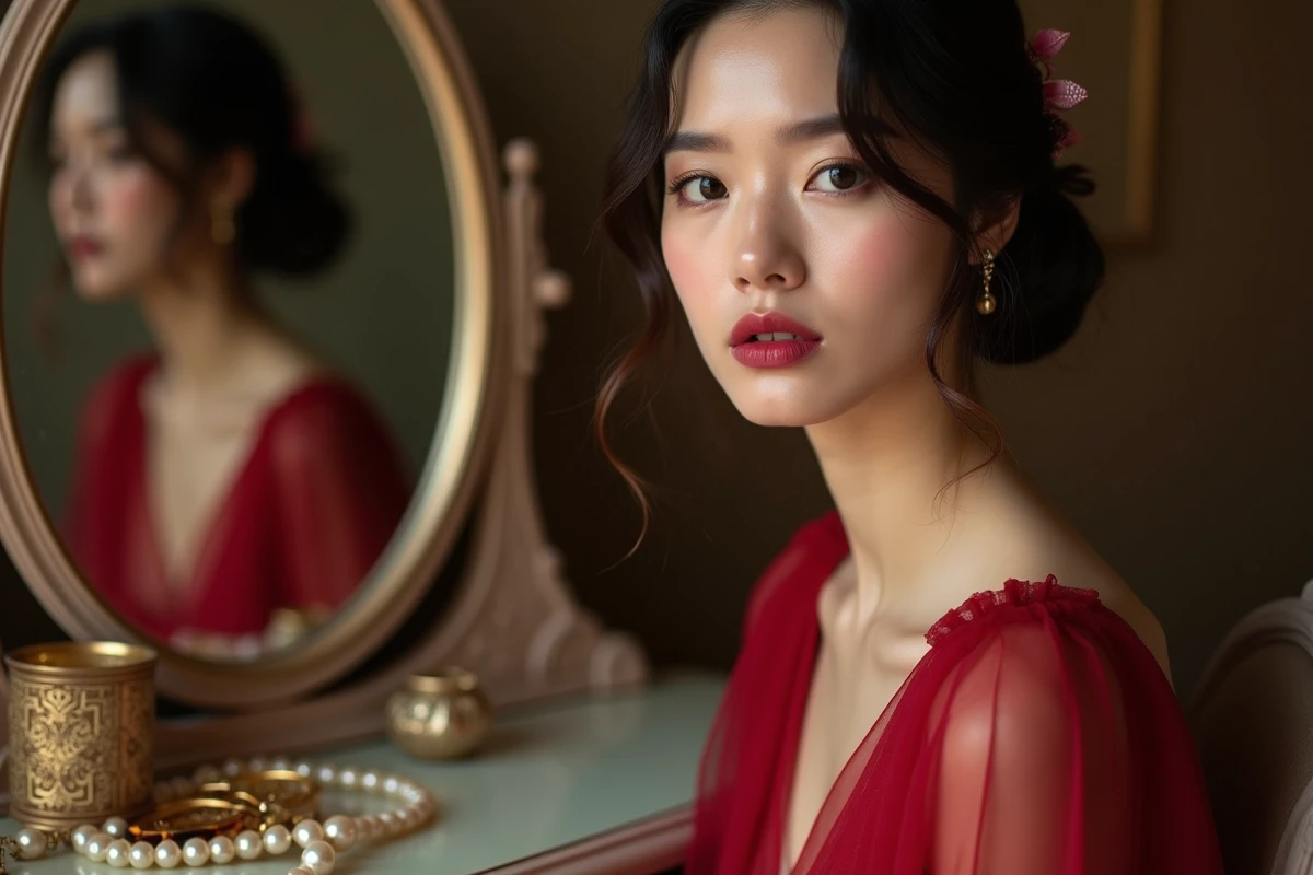 Femme en robe rouge bordeaux assise devant une coiffeuse avec accessoires de mariage dorés et maquillage nude