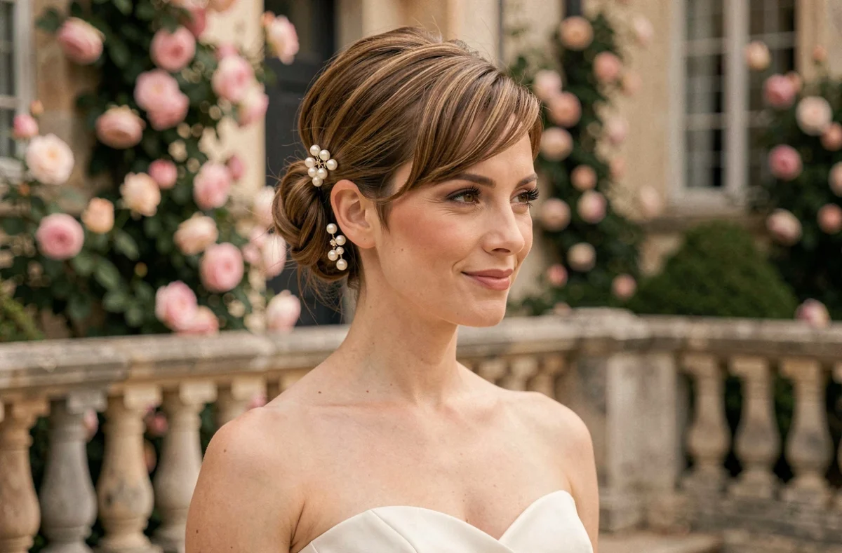Femme aux cheveux courts coiffée d'un chignon élaboré avec épingles en perles pour un mariage élégant en 2026