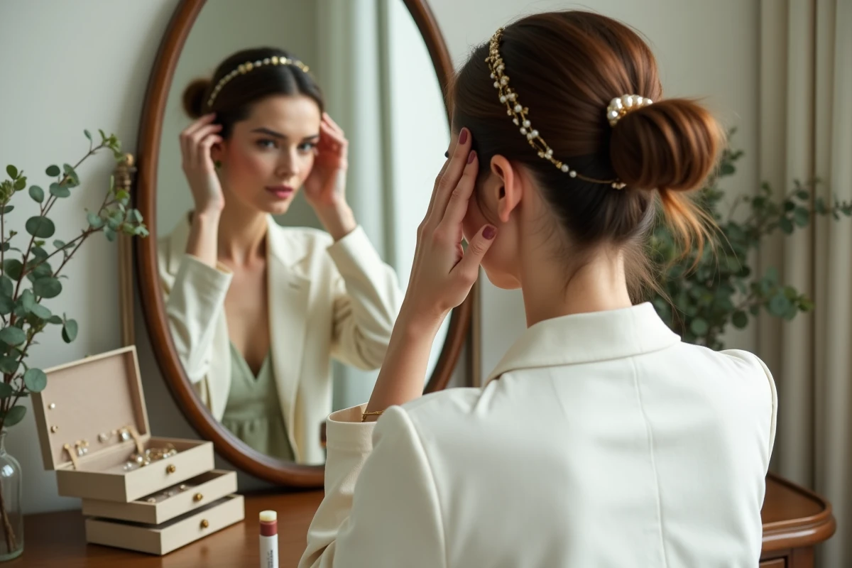 Femme se coiffant avec un headband doré pour son mariage civil, entourée de bijoux et d'accessoires élégants