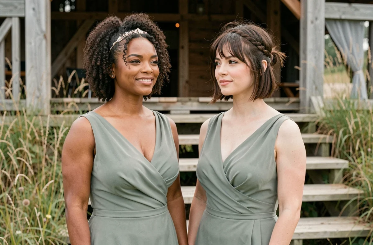 Deux femmes aux cheveux courts avec des coiffures de mariage élégantes et différentes dans un cadre champêtre en 2026