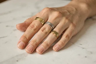 Comparaison de bagues fines et larges portées sur une main féminine posée sur marbre blanc
