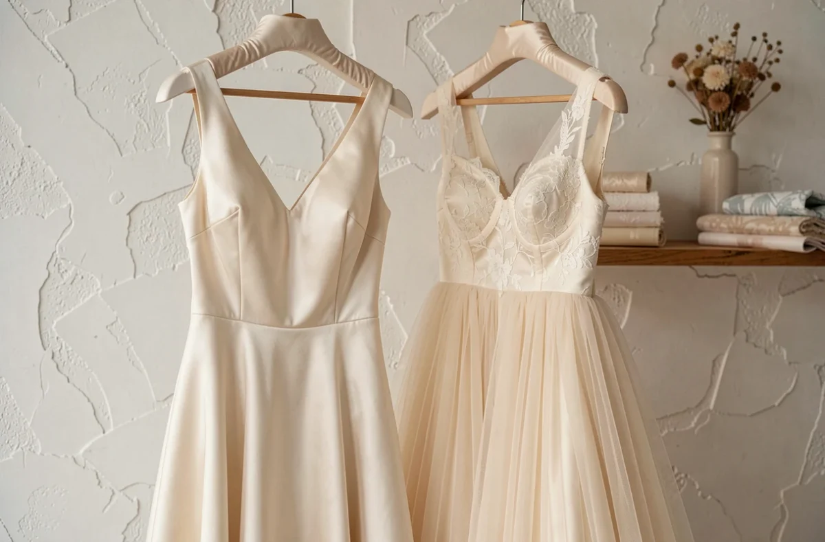 Comparaison d'une robe de mariée en satin ivoire et d'une robe en tulle ivoire suspendues côte à côte dans un atelier de couture bridal