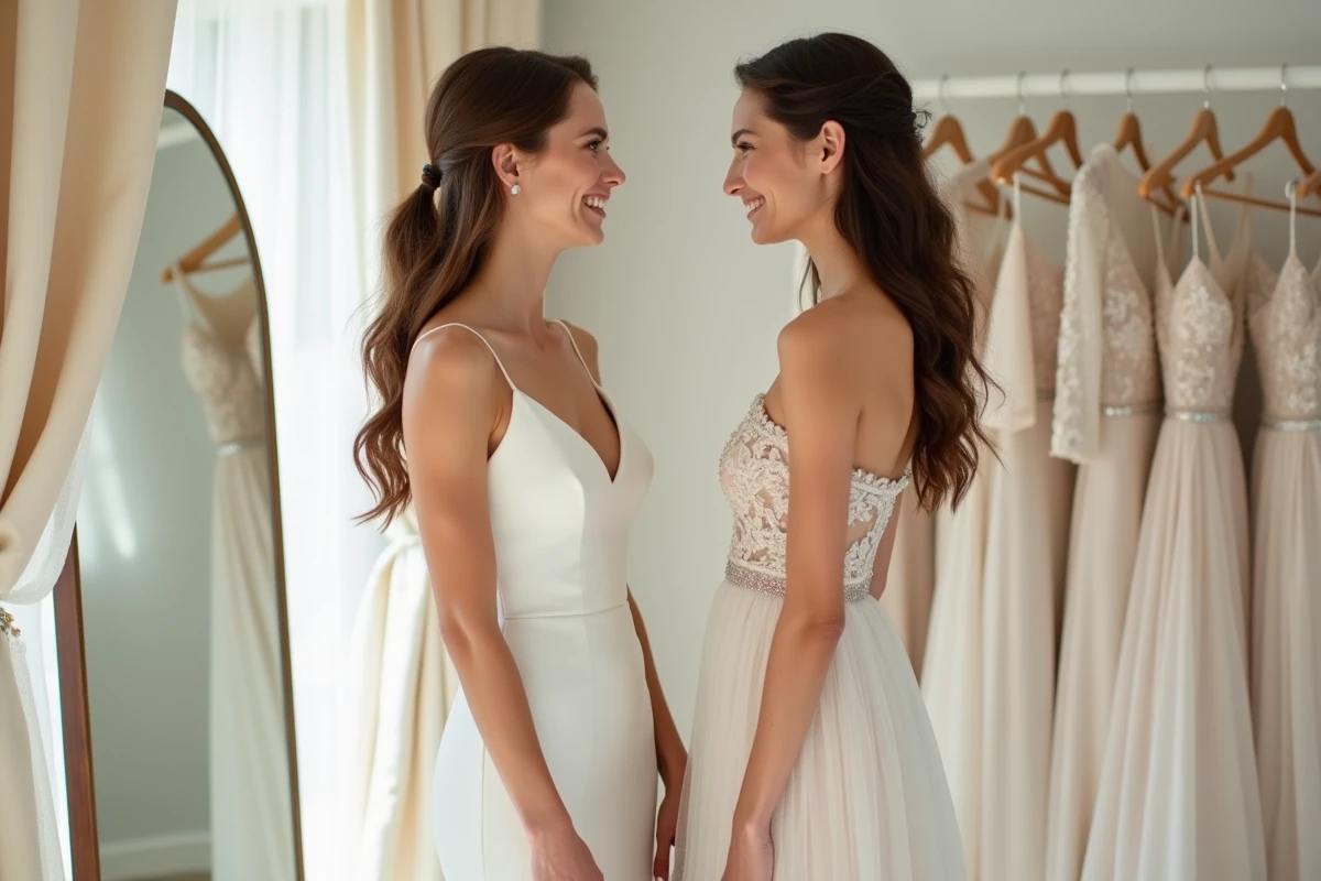 Deux mariées en cabine d'essayage comparant une robe minimaliste et une robe bohème en tulle brodé