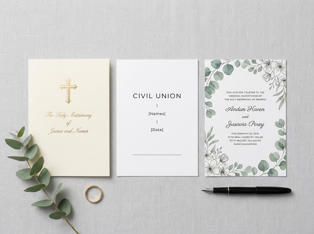 Flat-lay de plusieurs styles d'invitations de mariage civil et religieux sur lin gris