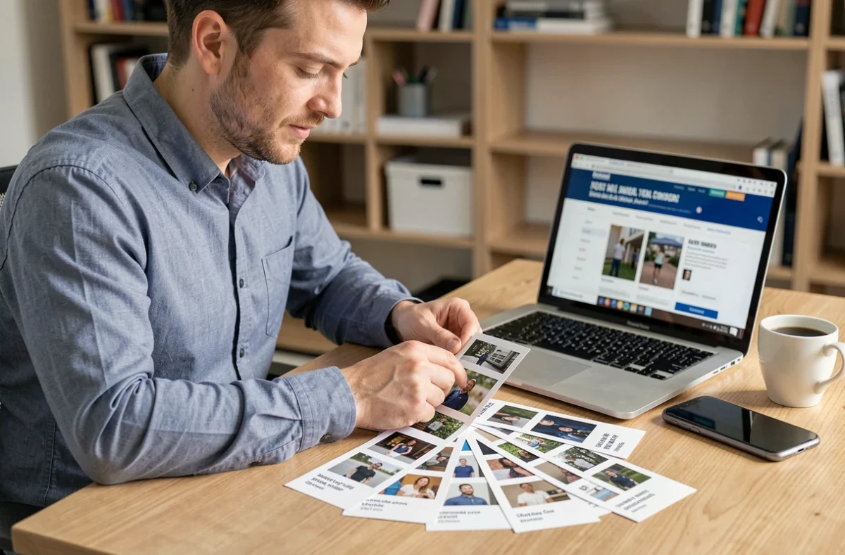 Homme comparant des offres de location de borne photo en ligne avec des strips photographiques imprimés posés sur un bureau