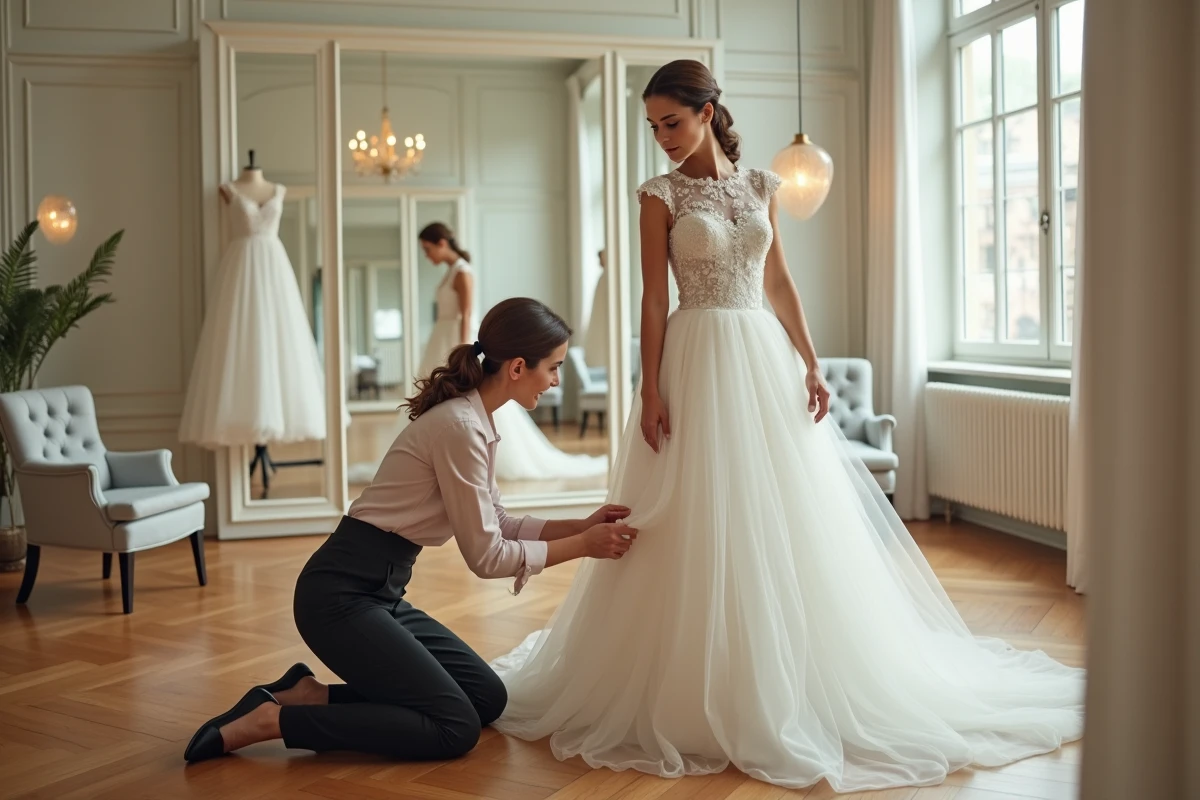 Conseillère en mariage mesure la robe d